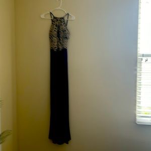 Cute halter long dress, navy blue with gold embroidery and jewels.